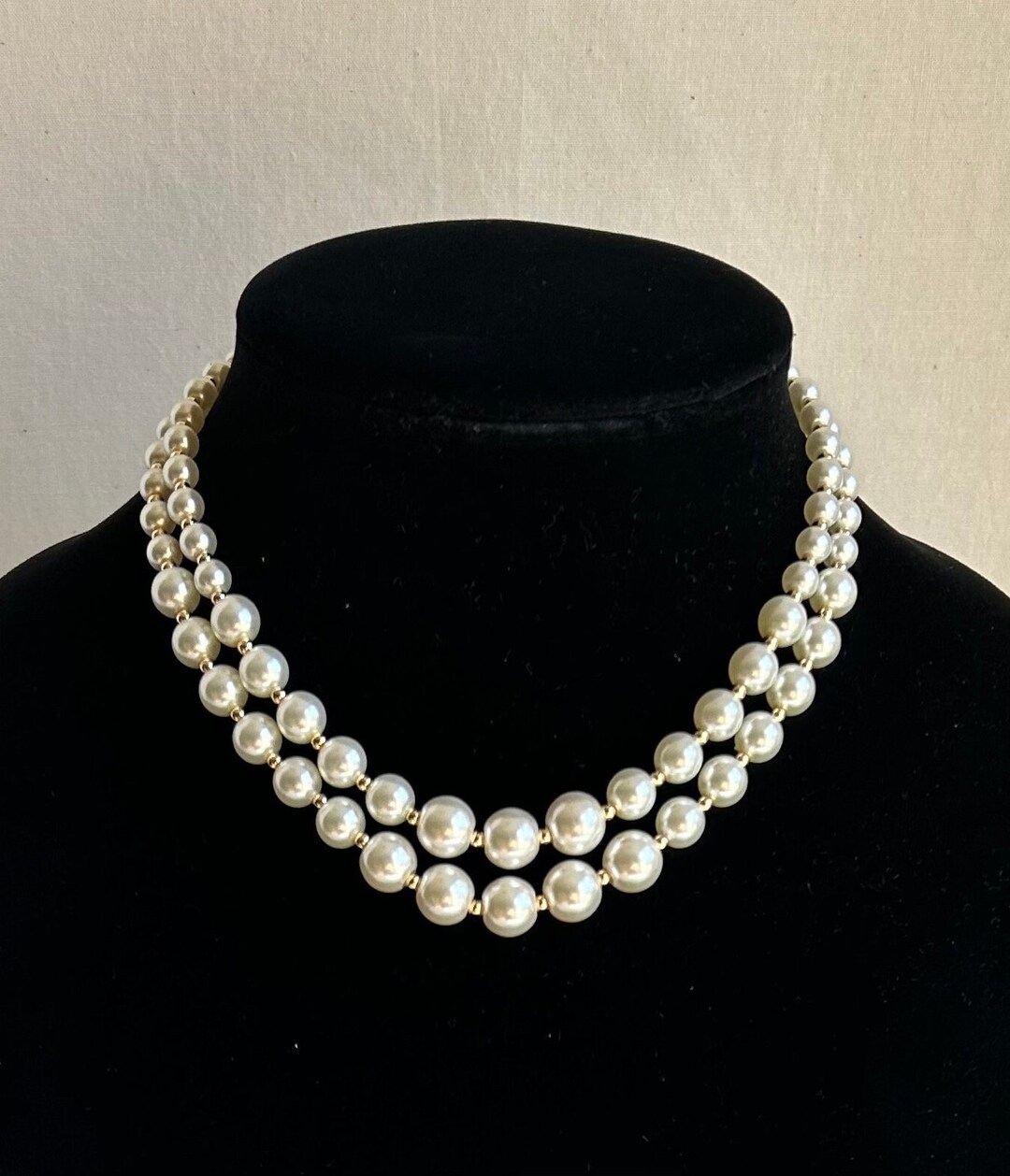 2 Strand Graduated Pearl Necklace, 14k Gold Plated Pearl Necklace ...