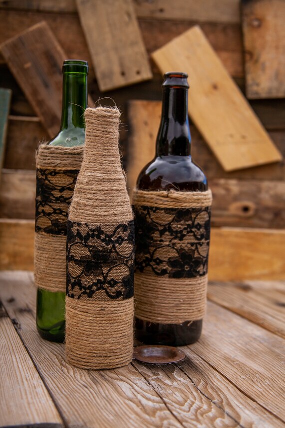 Upcycled Wine Bottles Twine And Black Lace Etsy