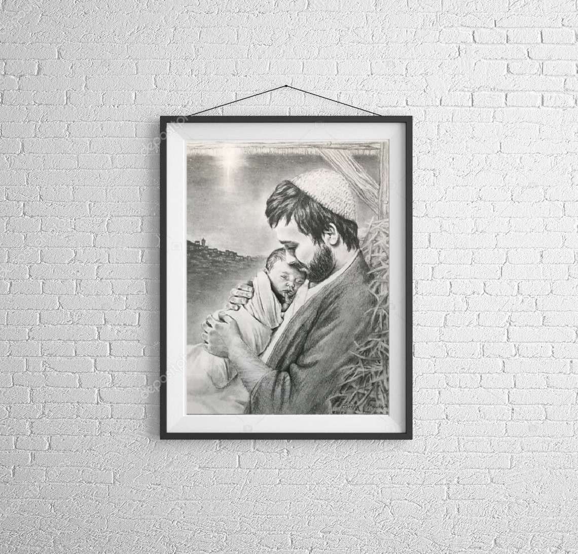 Joseph Holding Baby Jesus, Nativity, Christmas Drawing, Family Gifts
