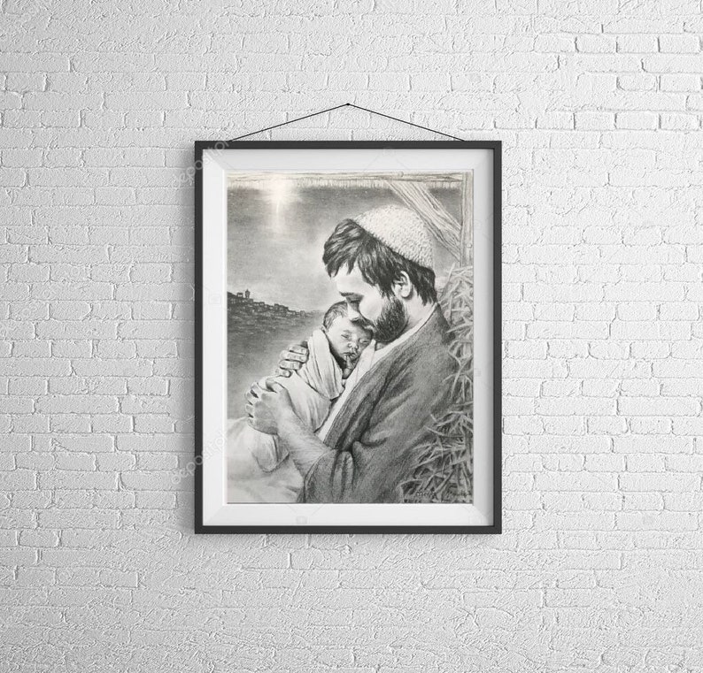Joseph Holding Baby Jesus, Nativity, Christmas Drawing, Family Gifts