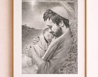 May include: A framed pencil drawing depicts a man cradling a baby. The man, wearing a kippah, gazes down at the infant wrapped in a blanket. The background includes a starry sky, a distant town, and a wooden structure.