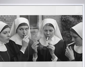 Nuns Smoking, Black and White Photography Art, Vintage Wall Art, Funny Wall Art, Smoking Nuns Print, DIGITAL DOWNLOAD, PRINTABLE Art