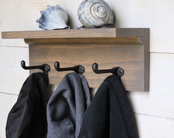 Rustic Gray Wall Coat Rack with Shelf, Farmhouse Shelf with Hooks, Entry Shelf and Hooks, Wood Coat Rack Wall Mount, Rustic Shelf Coat Hooks