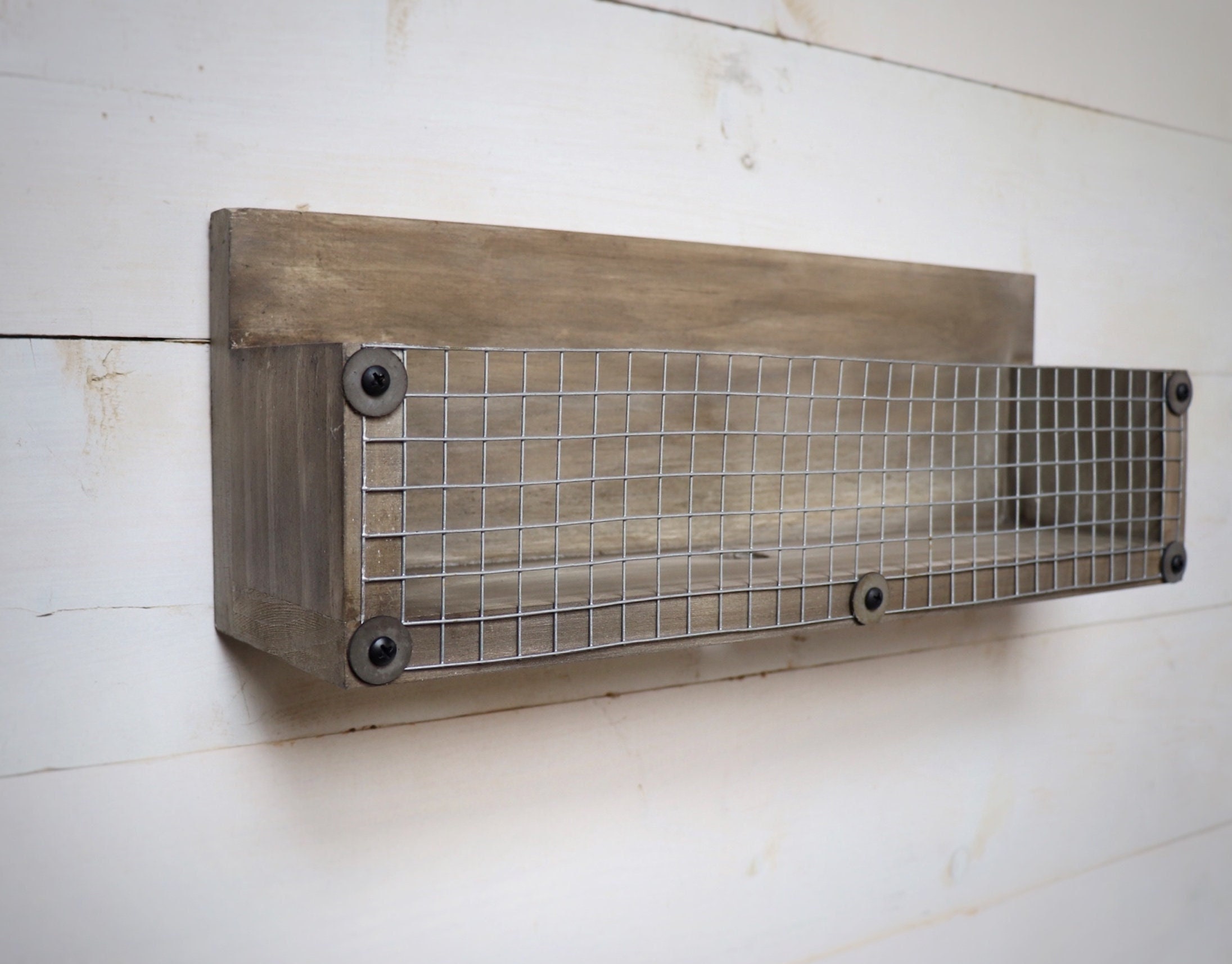 Wood Wall Shelf With Wire Basket in Weathered Wood Rustic Etsy