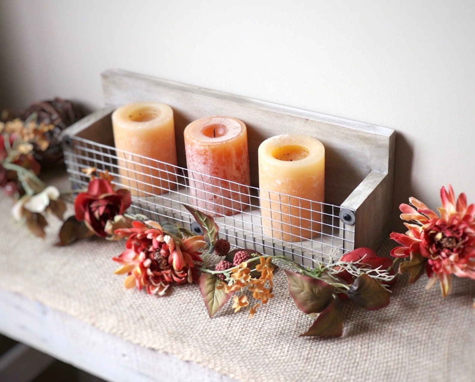 Wood Wall Shelf With Wire Basket in Weathered Wood Rustic Etsy
