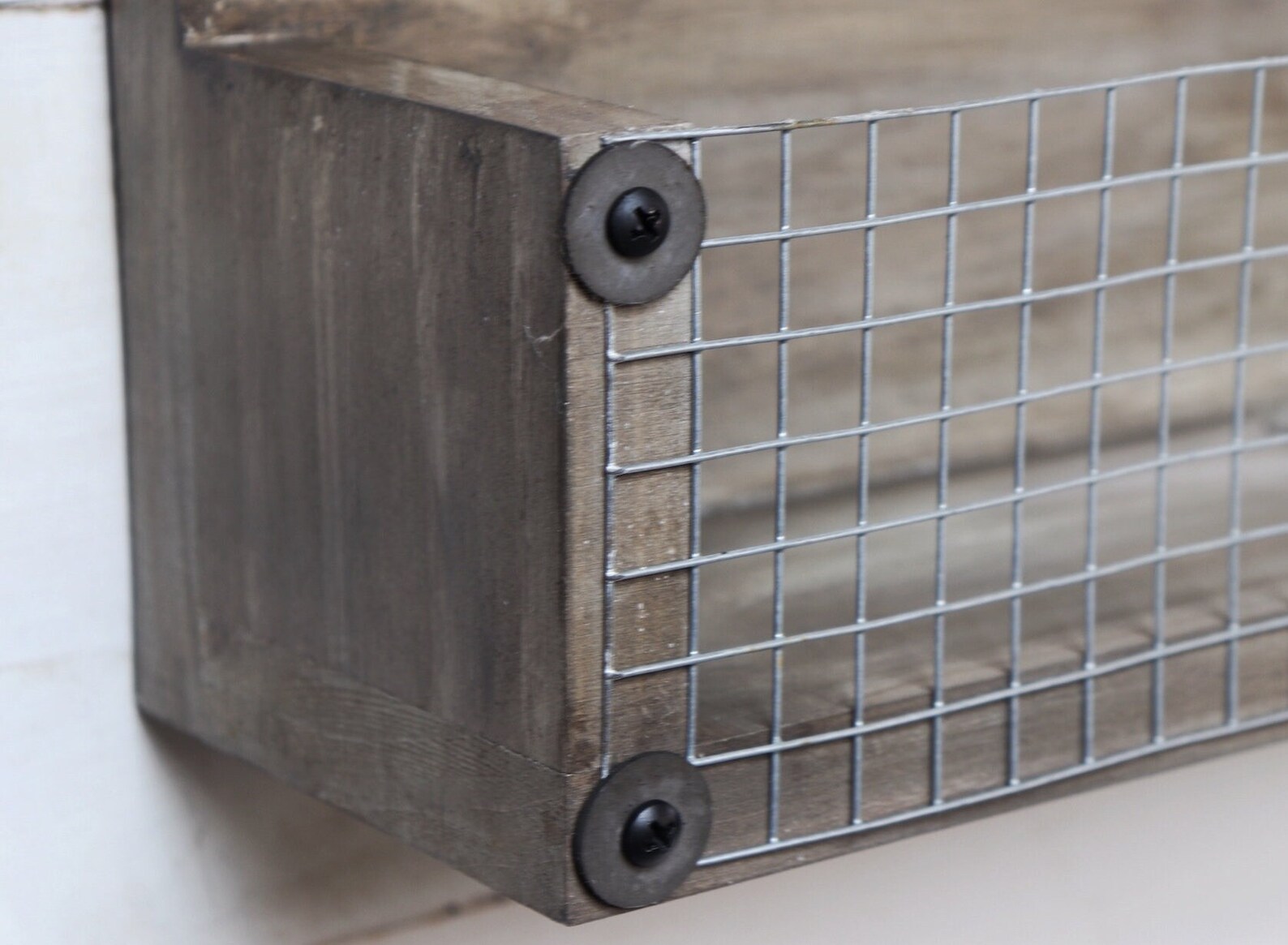 Wood Wall Shelf With Wire Basket in Weathered Wood Rustic Etsy