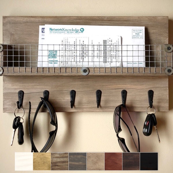 16" Rustic Key Holder for Wall with Mail Slot, Wood & Chicken Wire / Wall Organizer with Hooks and Mail Holder