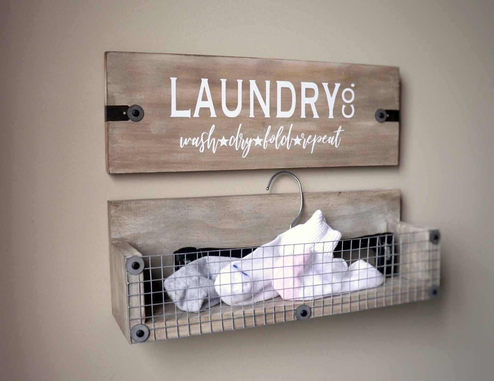 Wood Wall Shelf With Wire Basket in Weathered Wood Rustic Etsy