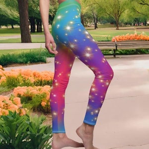 Fun Women's Leggings with all over print of rainbow and stars.