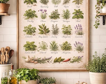 May include: A framed print titled "CULINARY HERBS" displays illustrations of various herbs, including basil, rosemary, and thyme. The print is set against a kitchen backdrop with potted plants, wooden utensils, and fresh ingredients, creating a rustic, inviting atmosphere.
