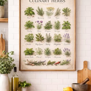 Op de afbeelding: Een ingelijste print getiteld "CULINARY HERBS" toont gedetailleerde illustraties van verschillende kruiden, waaronder basilicum, rozemarijn en tijm. Het kunstwerk heeft een vintage esthetiek met een lichtbeige achtergrond en een houten lijst, voor keukendecoratie.