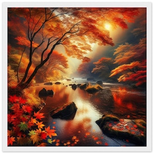 Poster incorniciato con colori autunnali vivaci - Bellissimi alberi e arte fluviale - Decorazione per la casa ecologica