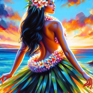May include: A woman in a colorful floral lei and grass skirt stands on a beach with a sunset in the background.