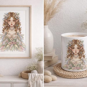 May include: A framed print and a white mug featuring a watercolor illustration of a fairy with floral accents. The fairy has long brown hair, pointed ears, and is adorned with flowers. The mug sits on a woven coaster.
