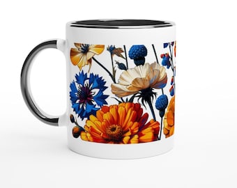 Florale Keramiktasse: Glänzendes Weiß mit farbigem Rand - 11oz