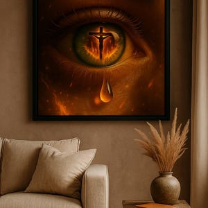 Puede incluir: Una obra de arte enmarcada representa un ojo detallado con una cruz en un crucifijo en la pupila. El ojo está rodeado de tonos naranja y amarillo fuego, con una lágrima cayendo debajo. La obra se exhibe en un salón.