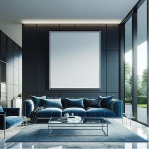 May include: A dark blue velvet sofa with a glass coffee table in a modern living room with large windows and black walls.