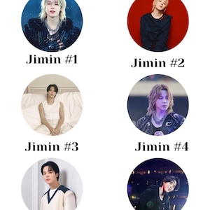 May include: A collection of six circular portraits labeled Jimin #1 through Jimin #6. Each circle features a different photograph of the same person with varying hairstyles, clothing, and lighting, including stage performances and studio portraits.