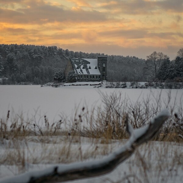 Old Stone Church after a light snow storm print