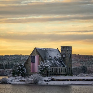 Winter sunset at the Old Stone Church - Landscape Print - Winter Print - Sunset Print
