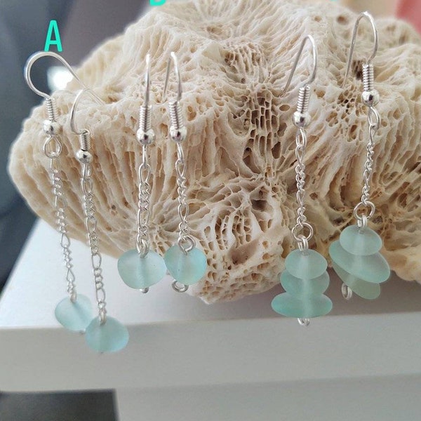 Handmade Okinawan sea glass earrings, sterling silver, ice blue sea glass earrings, sea glass jewelry, dangle earrings, dainty chain earring