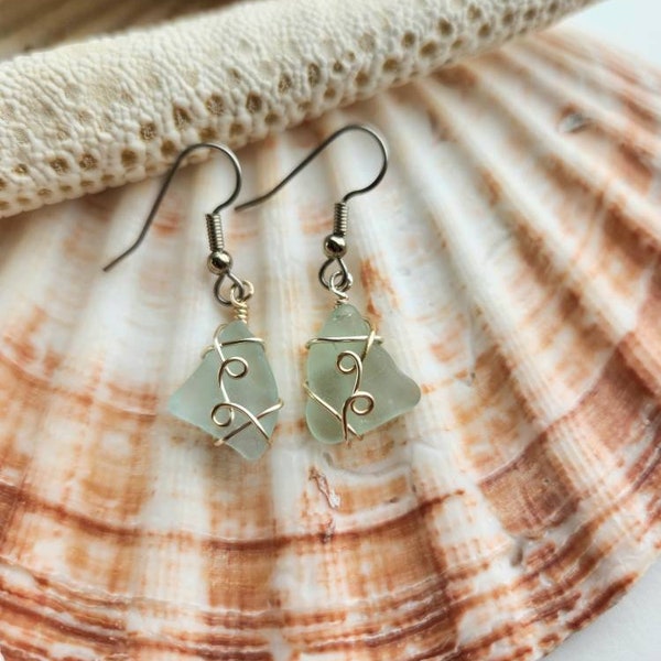 Sea foam green sea glass earrings, Okinawa sea glass, sterling silver earrings, beach glass earrings, Christmas gift for her