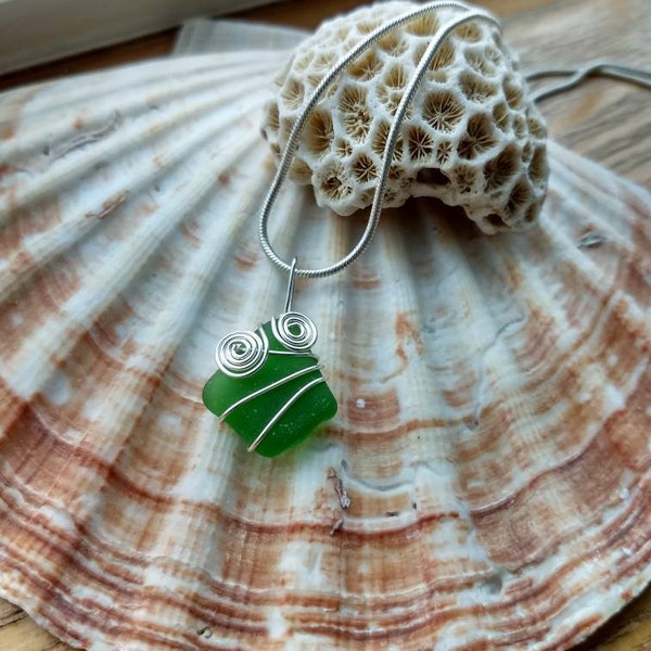 Green sea glass pendant, magical mermaid necklace, Siren stone, wire wrapped sterling silver, Christmas gift for her, sea glass necklace
