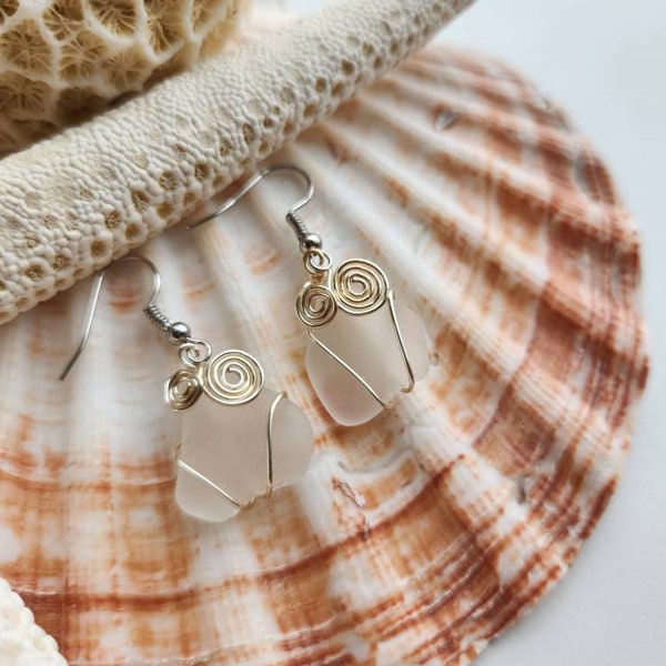 White sea glass earrings, Okinawa sea glass, winter white sea glass, mother's day gift for her, wire wrapped earrings