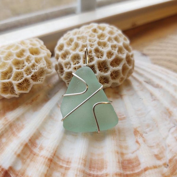Blue sea glass necklace, Okinawa se foam green sea glass pendant sterling silver Sea glass jewelry, Christmas gift for her