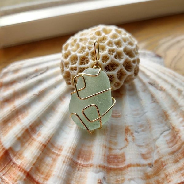 Sea glass pendant, sea foam green sea glass, 14k gold filled wrapping, mint green Okinawa sea glass pendant, Christmas gift for her