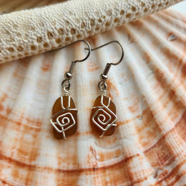 Brown sea glass earrings, Okinawa sea glass, sterling silver sea glass earrings. Sea glass jewelry, Christmas gift for her,mother's day gift