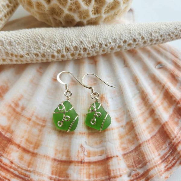 Green sea glass earrings, genuine sea glass earrings, Okinawa sea glass earrings, mother's day gift for her, Christmas gift for her