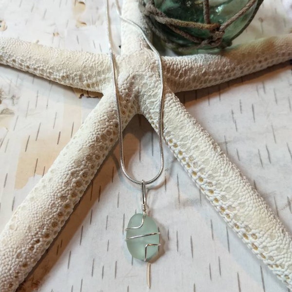 Natural sea glass pendant, Okinawan mint green sea glass pendant, wire wrapped sterling silver, Sea glass jewelry, Christmas gift for her