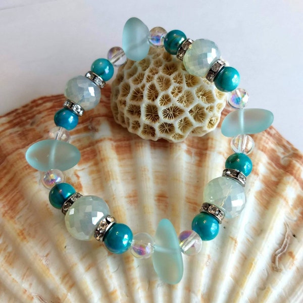 Sea glass bracelet, sea glass stretchy, mermaid sea glass crystal bracelet, turquoise bracelet, Swarovski crystal, Valentines gift for her