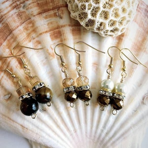 Brown pearl earrings, elegant drop gold earrings, brown cracked glass bead earrings, gold and pearl earrings, mother&#39;s day gift