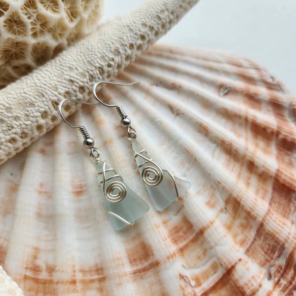 Ice blue sea glass earrings, ice blue earrings, aqua sea glass earrings, Okinawa sea glass earrings, mother's day gift for her