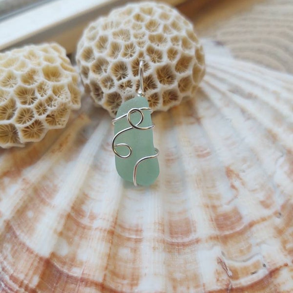 Natural sea glass pendant, Okinawan mint green sea glass pendant, wire wrapped sterling silver, Sea glass jewelry, Christmas gift for her