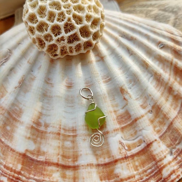 Rare Lime green sea glass pendant, Okinawa sea glass sterling silver, chartreuse sea glass pendant, rare lime green sea glass necklace