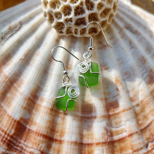 Green sea glass earrings, Okinawa sea glass, sterling silver green sea glass earrings. Sea glass jewelry, Christmas gift for her
