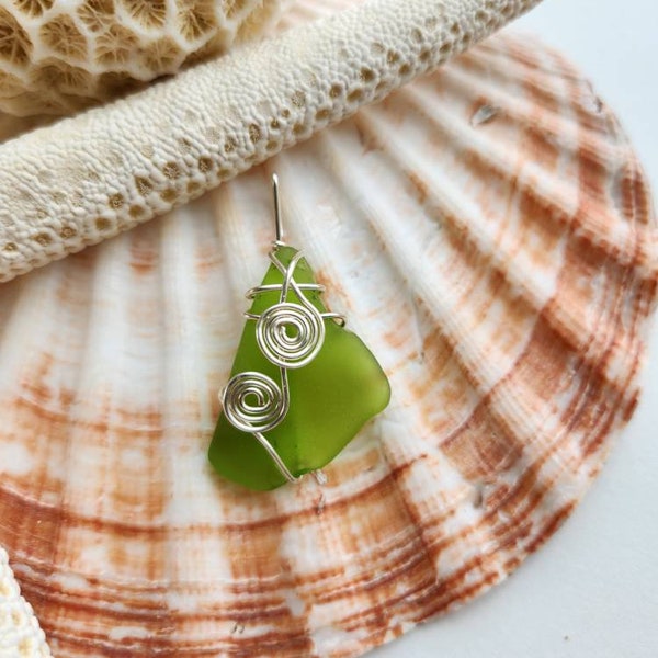 Rare Lime green sea glass pendant, Okinawa sea glass sterling silver, chartreuse sea glass jewelry, natural sea glass, mother's day gift