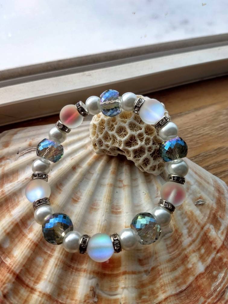 Stretchy pearl Swarovski crystal bracelet opal bead stretchy | Etsy