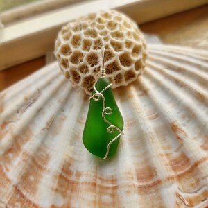 Okinawan green sea glass pendant, wire wrapped sterling silver, Sea glass jewelry, Christmas gift for her brilliant green sea glass