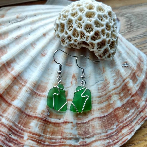 Green sea glass earrings, Okinawa sea glass, sterling silver green sea glass earrings. Sea glass jewelry, Christmas gift for her