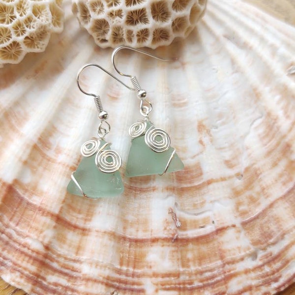Sea moss green sea glass earrings, aqua sea glass earrings, Okinawa sea glass earrings,  earrings, Christmas gift for her