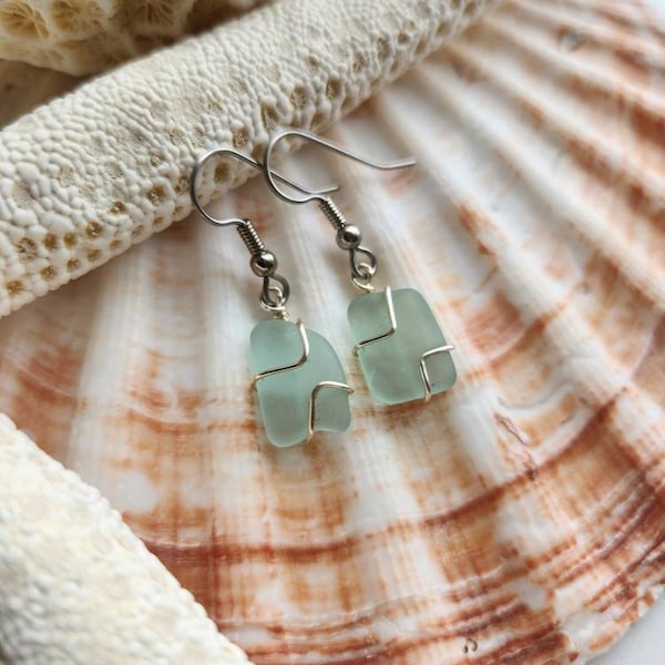 Sea foam green sea glass earrings, Okinawa sea glass, sterling silver earrings, beach glass earrings, Christmas gift for her