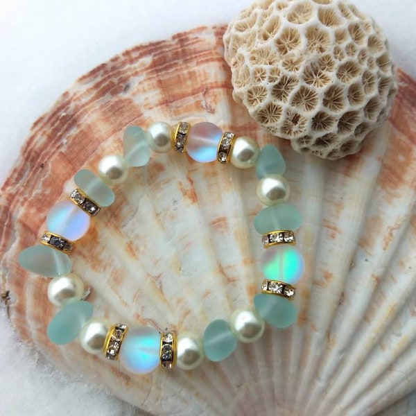 Sea glass MOONSTONE bracelet, crystal bracelet, pearl sea glass bracelet, sea glass opal bracelet, Christmas gift for her AURORA