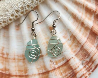 Ice blue sea glass earrings, ice blue earrings, aqua sea glass earrings, electric blue sea glass, Okinawa sea glass, mother's day gift