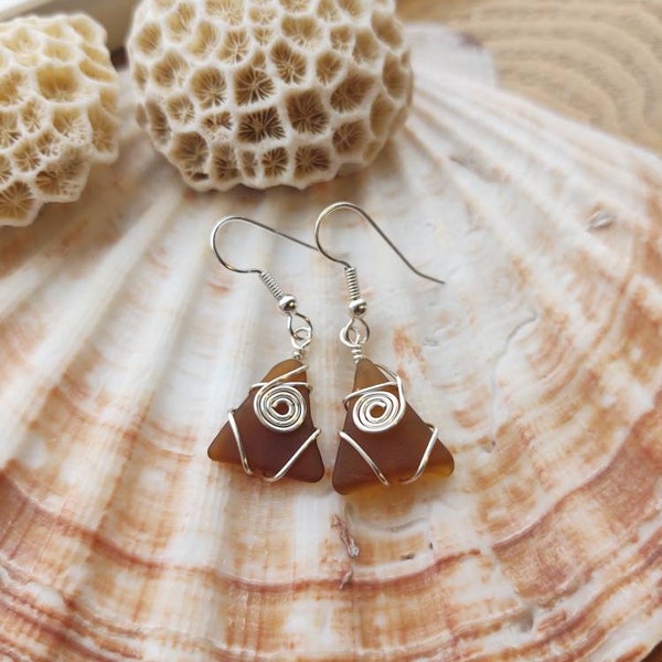 Brown sea glass earrings, Okinawa sea glass, sterling silver brown sea glass earrings. Sea glass jewelry, Christmas gift for her