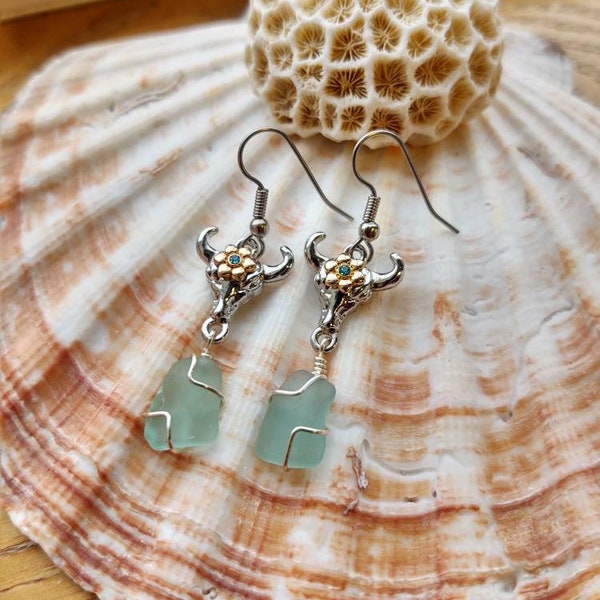 Cow skull Sea glass earrings, native cow skull earrings,  Okinawa sea glass earrings,  aqua sea glass earrings, Christmas gift for her