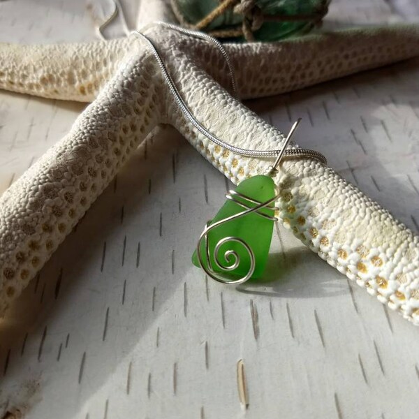 Okinawan green sea glass pendant, wire wrapped sterling silver, Sea glass jewelry, mother's day gift for her, sea glass necklace